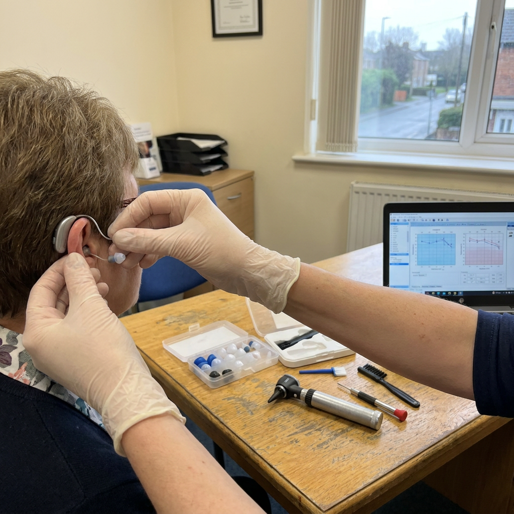Audiologist adjusting a hearing aid with an audiogram shown on a laptop screen.
