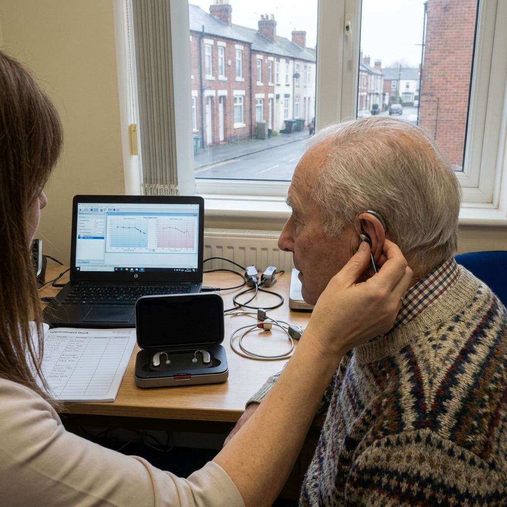 A clinician fits a hearing aid into a patient's ear beside a laptop showing an audiogram.