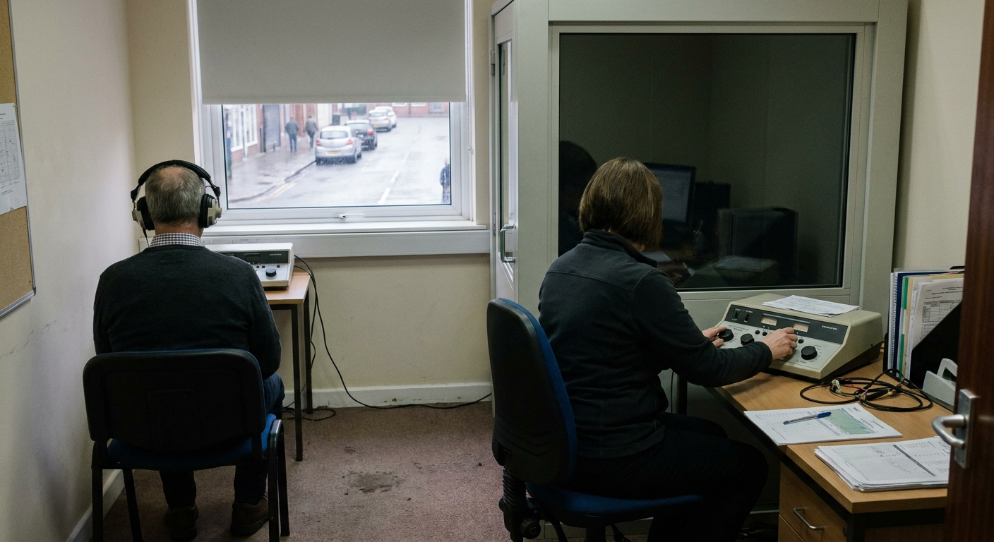 A clinician operates an audiometer while a patient wears headphones in a hearing test room.