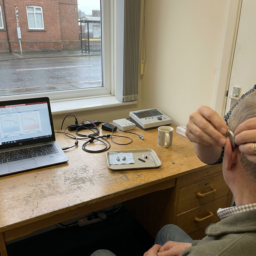 A desk with audiometer equipment and a person fitting a hearing aid.