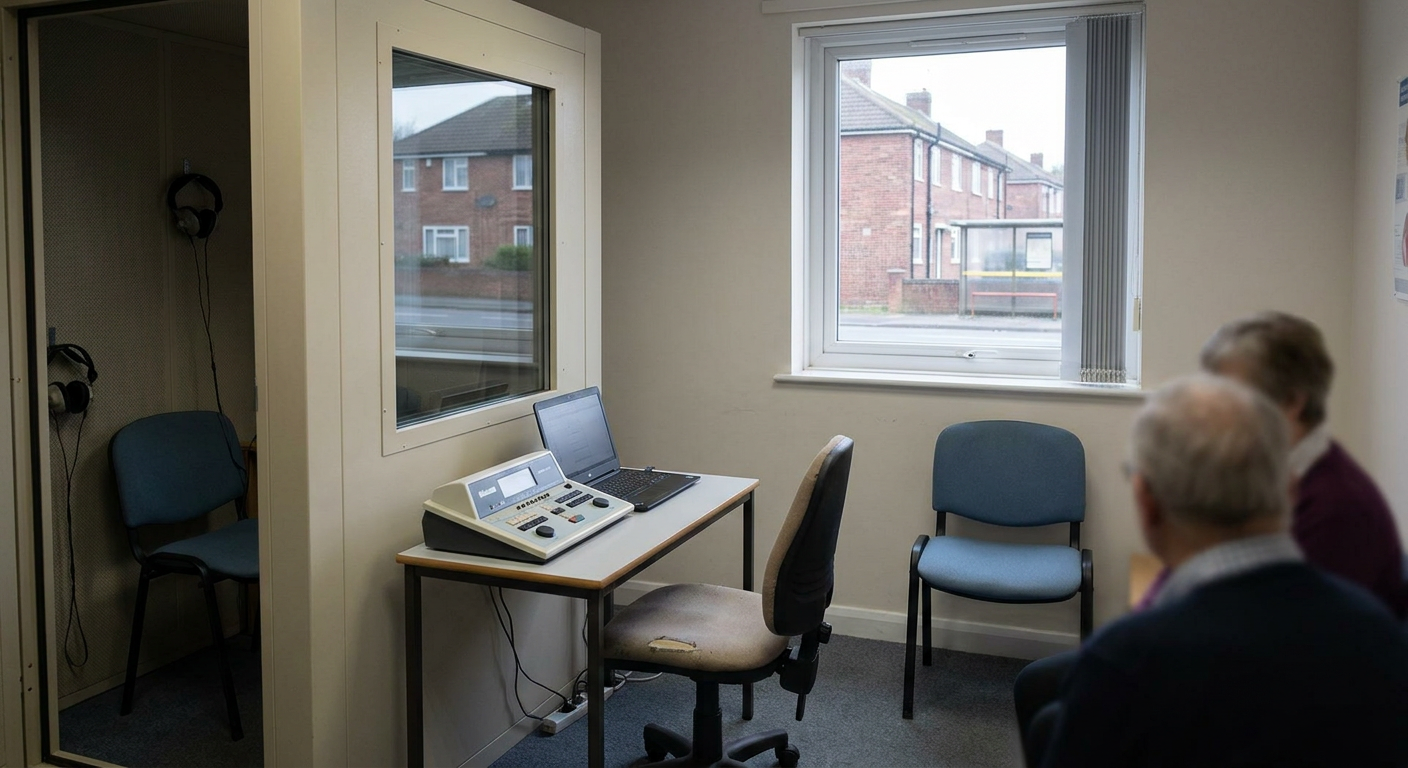 A hearing test room with a soundproof booth, audiometer and two people waiting.