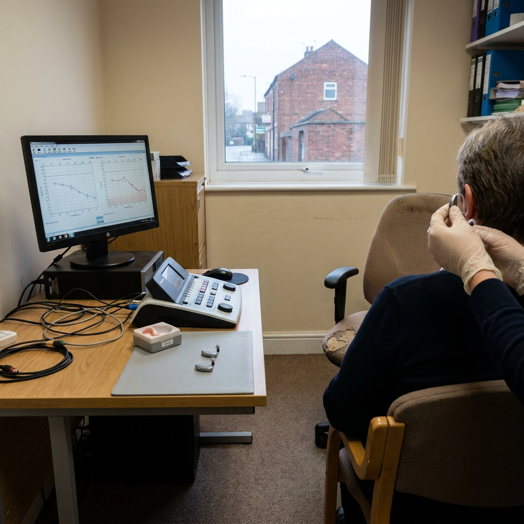 A gloved clinician adjusts a hearing aid near audiometer equipment on a desk.