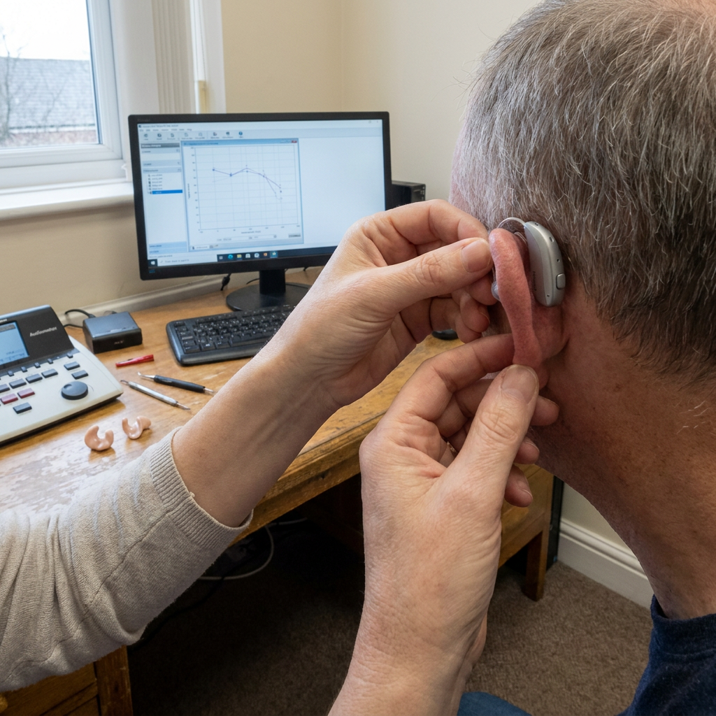Fitting a hearing aid behind the ear with an audiogram chart on the monitor.