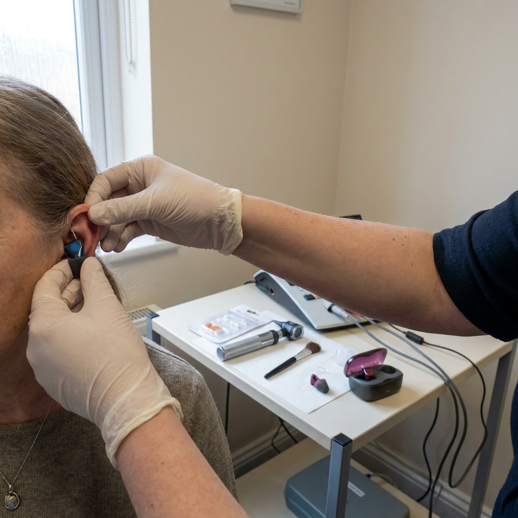 Gloved hands fitting a hearing aid with audiology tools on a tray nearby.