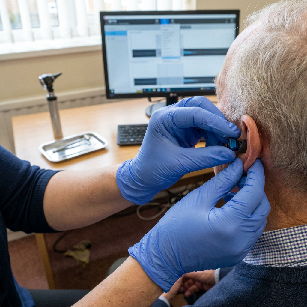 Gloved hands inserting a hearing aid with a computer screen and otoscope on desk.
