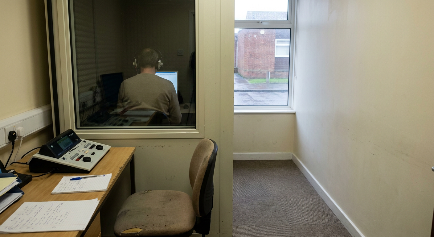 A person wearing headphones sits in a soundproof booth during a hearing test.
